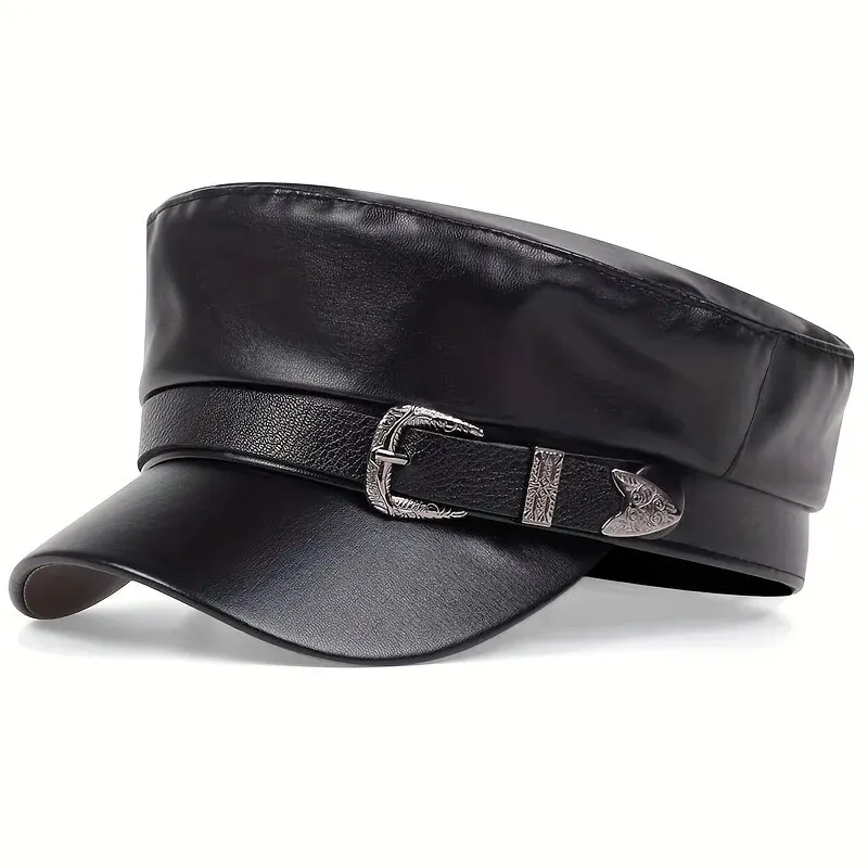 Snapback Hat Flat - หมวกแฟชั่นผู้หญิง หัวเข็มขัดขนาดใหญ่ หมวกหนัง หมวกทรงกะลาสี สำหรับฤดูใบไม้ผลิและฤดูใบไม้ร่วง สีดำ